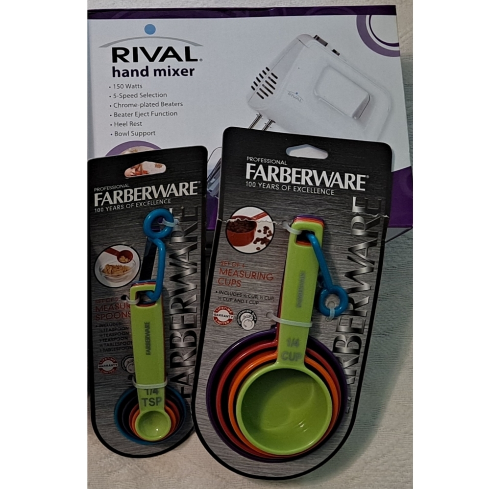 Rival Hand Mixer & Farberware Measuring Spoon/Cup Bundle